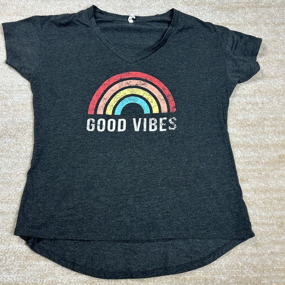 G Supply T-Shirt Womens L Good Vibes Rainbow Graphic V-Neck Heather Charcoal
